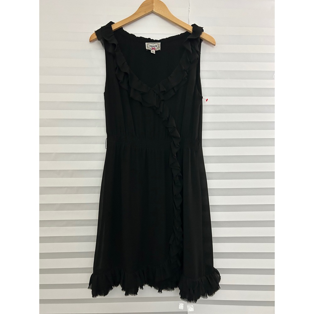Baraschi Black Ruffle V-Neck Sleeveless Smocked Waist Mini Dress Size 6